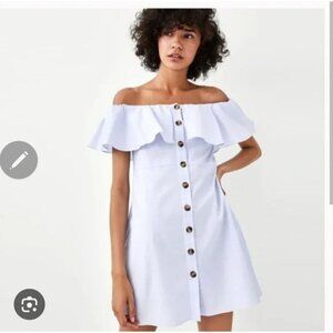ZARA BUTTON DOWN OFF THE SHOULDER PALE BLUE DRESS WITH POCKETS SIZE S 2589 250